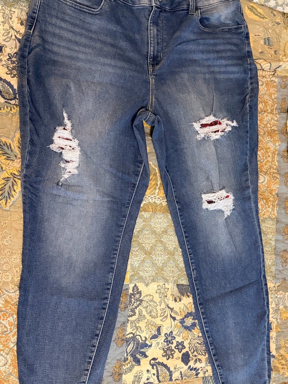 Maurices Blue Skinny Jeans with Red Plaid Underlay Rips